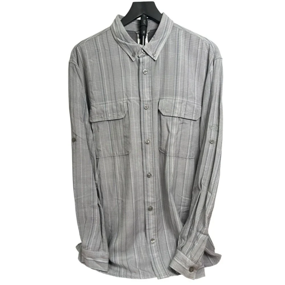 The North Face Vaporwick Gray/Wht/Blue Plaid Button-Up Vented Men’s L Shirt